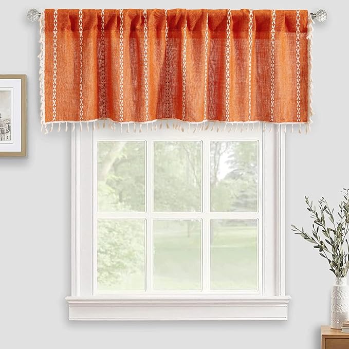 RoomTalks Rustic Farmhouse Kitchen Valances for Windows in Orange, 18’’L x 52’’W Boho Striped Fall Autumn Color Country Cottage Textured Tassel Curtain Valances for Bathroom Living Room