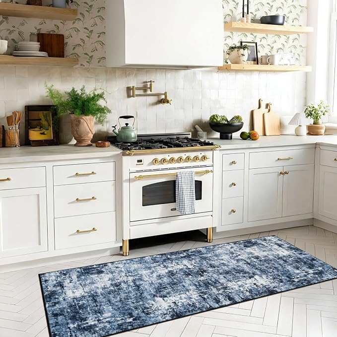 Rugflix 2x5 Runner Rug for Entryway, Kitchen Rugs Soft Non-Slip Washable Runners for Hallway, Abstract Small Carpet with Non-Slip Backing for Bedroom, Living Room, Navy Blue/Black