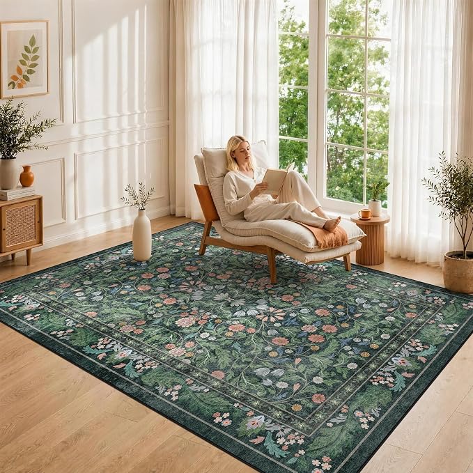 Floral 5x7 Area Rugs for Living Room, Machine Washable Vintage Rug Boho Low Pile Carpets Non Slip Soft Carpet for Farmhouse Bedroom Office Rugs, Kids Room, Nursery Room, Playroom, Green