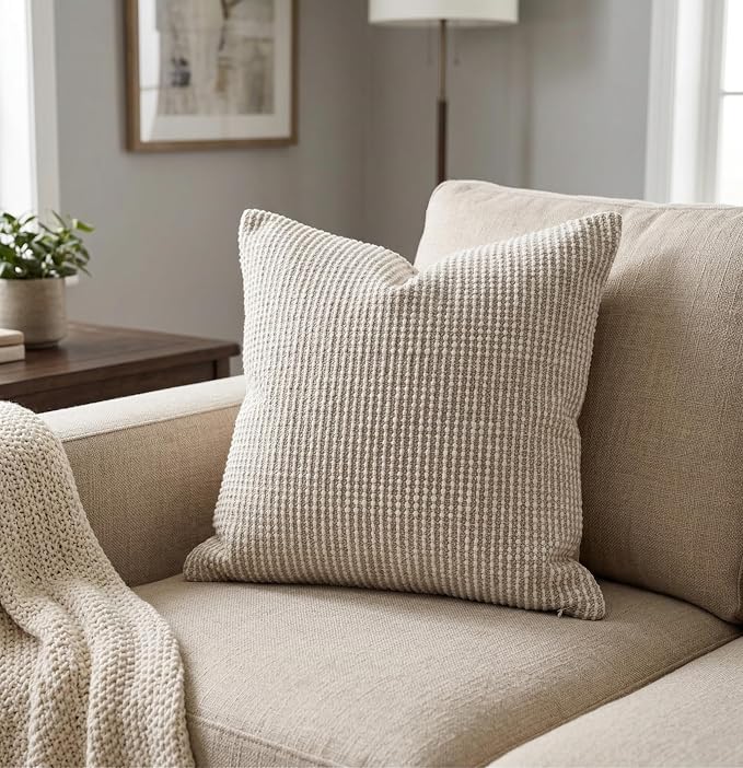 SanVia Cotton Throw Pillow Covers 20x20 – Handwoven Jacquard Texture, Fade-Resistant, No Pilling – Hidden Zipper, Decorative Cushion Cover for Sofa, Couch, Bed – Insert Not Included (Striped, Beige)
