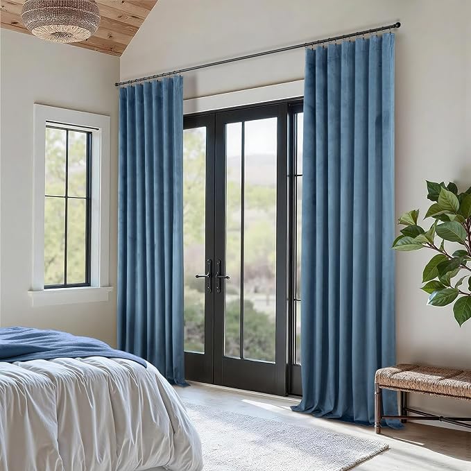 Dusty Blue Velvet Curtains 96 Inches Long 2 Panel Darkening Thermal Insulated Ceiling to Floor Length Drapes Vintage Victorian French Country Blue Grey Curtain for Bedroom Living Room Divider Greyish