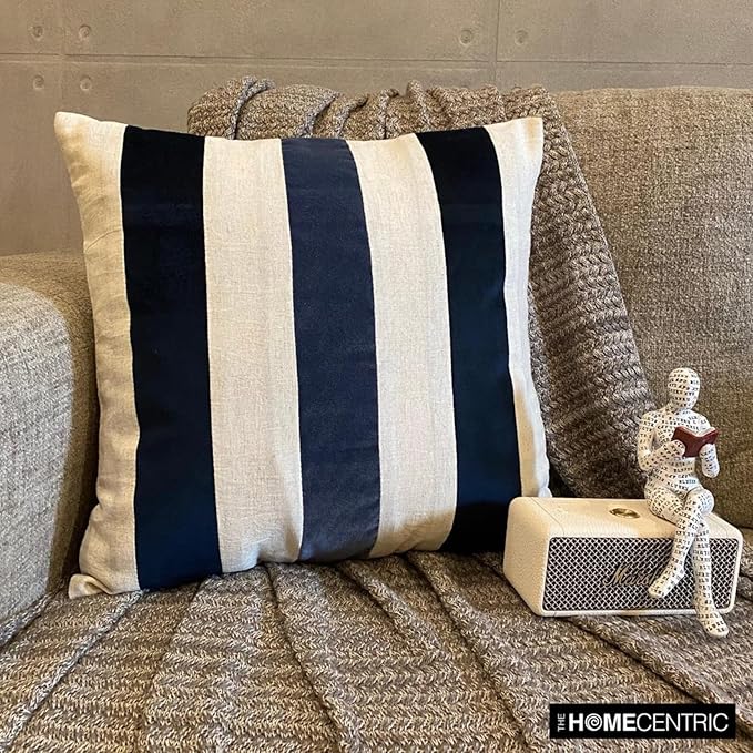 The HomeCentric Pack of 2 Decorative Throw Pillow Cover Navy 26"x26" (65x65 cm) Velvet & Linen Patchwork, Striped Pillowcases, Striped Modern Style - Velvet Band Navy