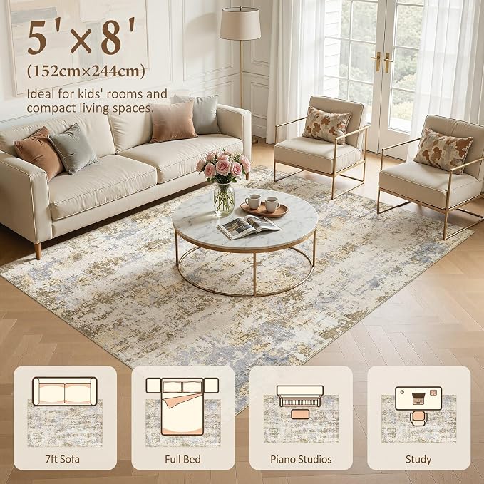 Area Rugs 5x8 Living Room: Washable Large Abstract Modern Neutral Soft Rug Stain Resistant Non-Slip Backing Carpet for Bedroom Dining Room Indoor Nursery Dorm Home Office Decor - Brown