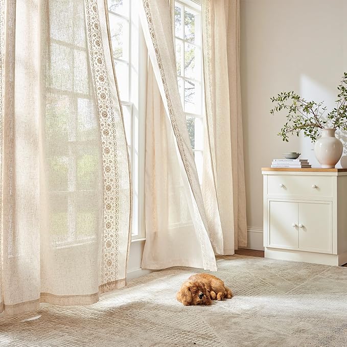 jinchan Weslie Boho Curtains for Bedroom 4 Panels Ivory Vintage Floral Farmhouse Curtains 63 Inch Length Linen Drapes for Living Room Embroidered Light Filtering Drapes Cottagecore Ivory on Beige