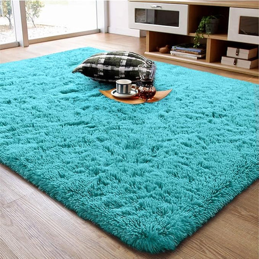 Ompaa Soft Fluffy Area Rug for Living Room Bedroom, 5x8 Teal Blue Plush Shag Rugs, Fuzzy Shaggy Accent Carpets for Kids Girls Rooms, Modern Apartment Nursery Dorm Indoor Furry Decor