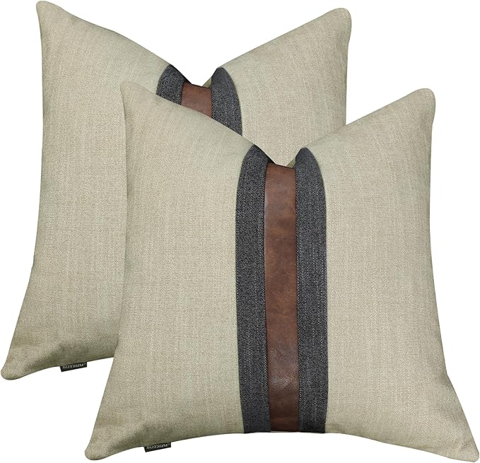 Set of 2 Leather Throw Pillow Covers Cotton Linen Decor Patchwork Pillow Cover Faux Leather Pillows Cover for Couch Sofa Living Room Bedroom,Beige Yellow 18"x18"