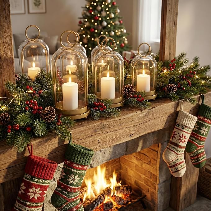 3 Pack Metal Candle Holders with Glass Dome, 5.5" & 4.7" & 3.9" Wide Gold Candlestick Holders Set, Versatile Hurricane Lanterns Candleholders for Pillar Candle, Decorative Glass Display Dome Stands