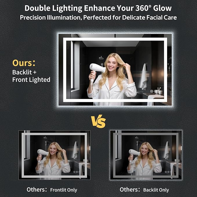 55"x36" LED Bathroom Mirror with Lights, Backlit + Front Lit with CRI>90, Lighted Mirror for Bathroom, Anti-Fog, Dimmable Brightness, 3 Colors, Memory Function, Shatterproof Tempered Glass