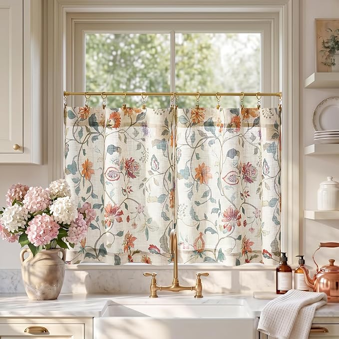 jinchan Hattie Floral Linen Kitchen Curtains 24 Inch Length Vintage Cottage Core Farmhouse Cafe Curtains Light Filtering Small Window Drapes for Living Room Bathroom Rod Pocket 2 Panels Beige