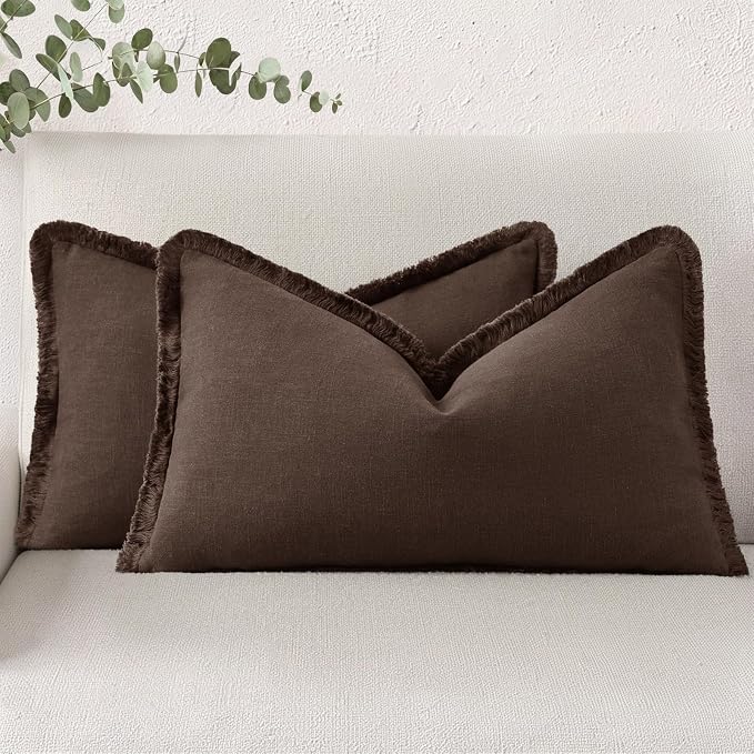 decorUhome Linen Fringe Lumbar Throw Pillow Covers Set of 2 Decorative Chocolate Pillow Covers with Tassels Soft Accent Boho Farmhouse Pillow Cases for Couch Bed Sofa 12x20 Inch