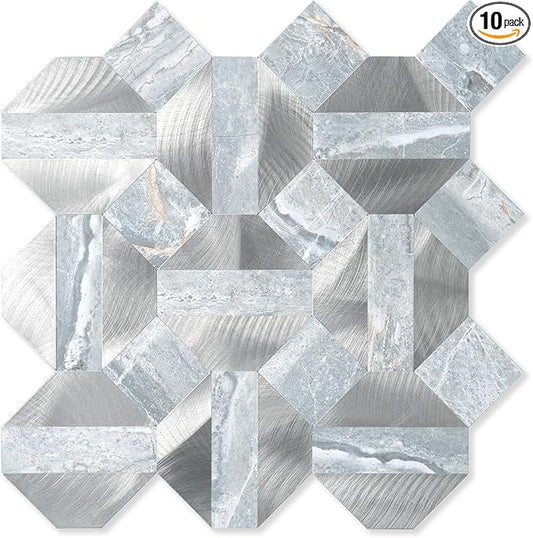 10-Sheets Peel and Stick Backsplash Tiles, PVC Marble Mixed Metal Look,Heat Resistant Stick on Tiles for Kitchen Wall,Bathroom,Laundry Room (Blue Marble & Silver)