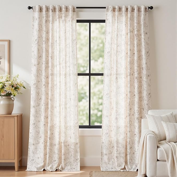 jinchan Floral Linen Curtains for Living Room 96 Inch Length Taupe Flower Curtain Rod Pocket Back Tab Farmhouse Curtains with Printed Floral Bedroom Window Curtain Set, 2 Panels Taupe