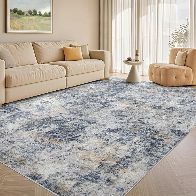 Tortania Washable 10x13 Area Rug for Living Room: Modern Abstract Neutral Large Soft Thin Rugs - Non Slip Indoor Carpet for Bedroom Dining Room Office Nursery Home Floor Decoration - Blue Grey