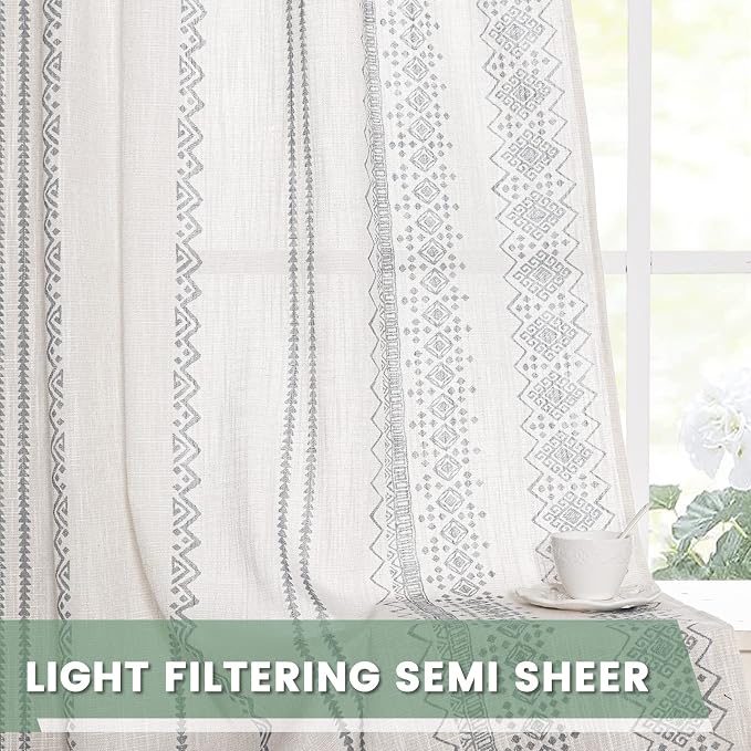 MEETSKY Boho Curtains 84 Inches Long Curtains for Living Room Bohemian Geometric Printed Cotton Curtain Light Filtering Linen Style Rod Pocket Window Back Tab Drape for Dining Room 2 Panels