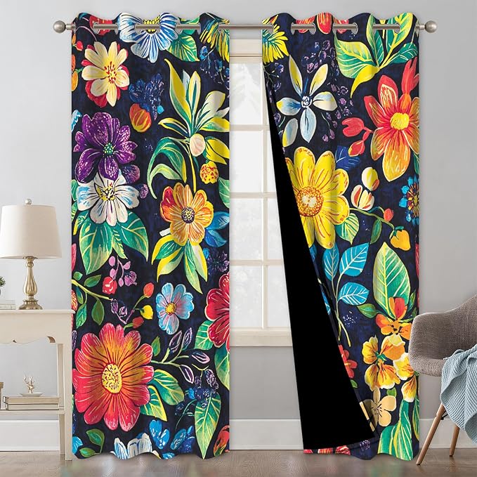 Boho Floral Blackout Curtains 84 Inch Long 2 Panels Set, Grommet Black Out Window Drapes with Curtain Tiebacks, Thermal Insulated Farmhouse Patterned Light Filtering Curtains for Bedroom Livingroom