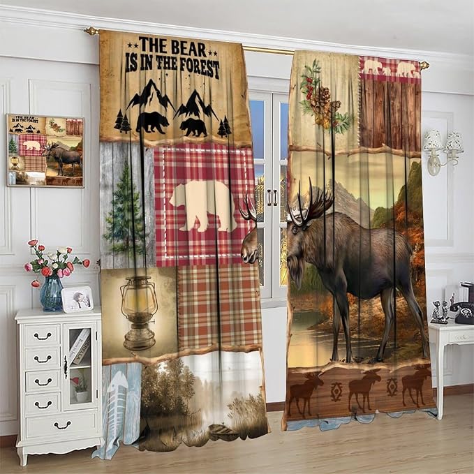 Vintage Hunting Deer Blackout Curtains Farmhouse Rural Natural Patchwork Forest Hunting Cabin Plaid Pine Cone Elk Animal Windows Treatments Rod Pocket for Kitchen Living Room Bedroom 72x63in
