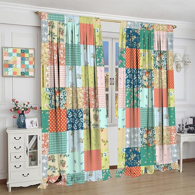 Boho Floral Patchwork Blackout Curtains Farmhouse Patchwork Quilted Country Check Plaid Print Window Drapes for Bedroom Living Room Kitchen Cafe （W21xL54 Inch） x2 Panels