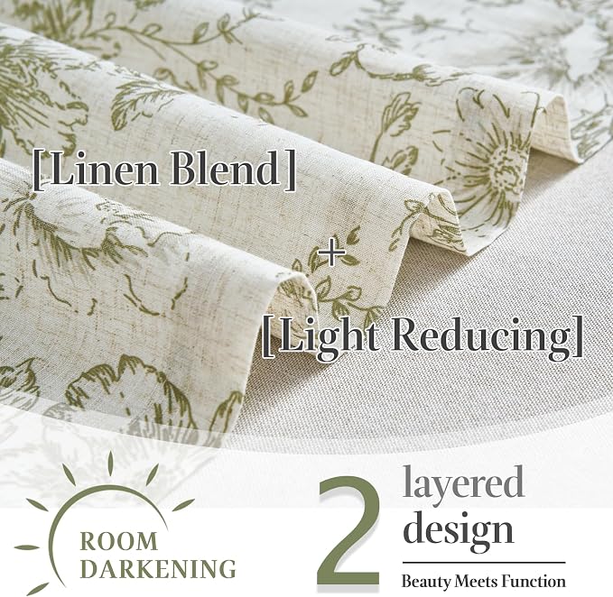jinchan Linen Kitchen Curtain 36 Inch French Floral Double Layer Curtain Farmhouse Vintage Tier Drape Rustic Half Window Curtain for Living Room Window Treatment Rod Pocket 1 Panel Green on Beige