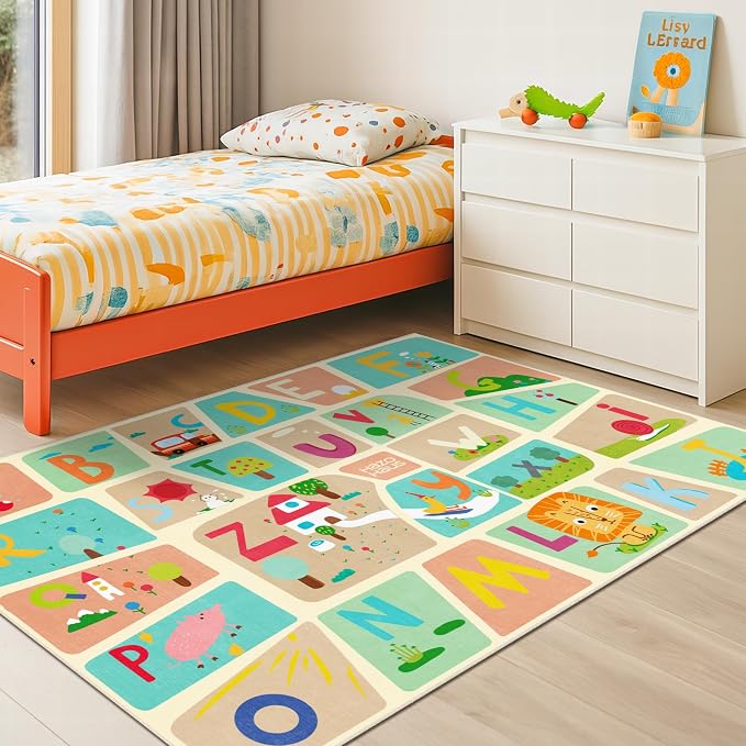 3x5 Alphabet Rug for Kids - Soft ABC Area Rug for Toddlers, Kids Learning, Preschool Educational Nursery Rug for Crawling, Reading Nook or Small Playroom – Cute Pastel Beige and Blue Letters Décor