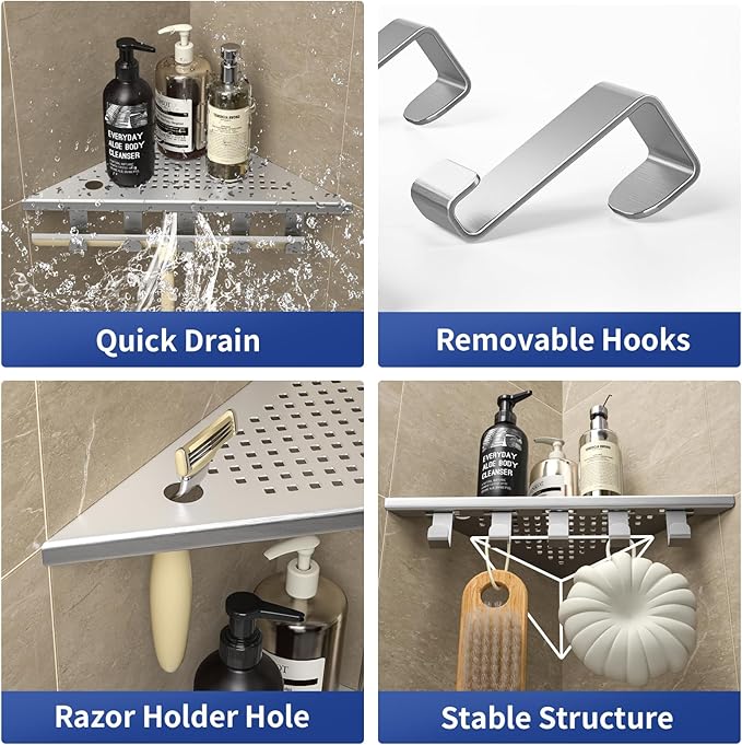 Grout in Shower Shelves with Hooks, 304 Stainless Steel Corner Bathroom Shelf for Tiled Wall (Brushed, 10'' x 10'')