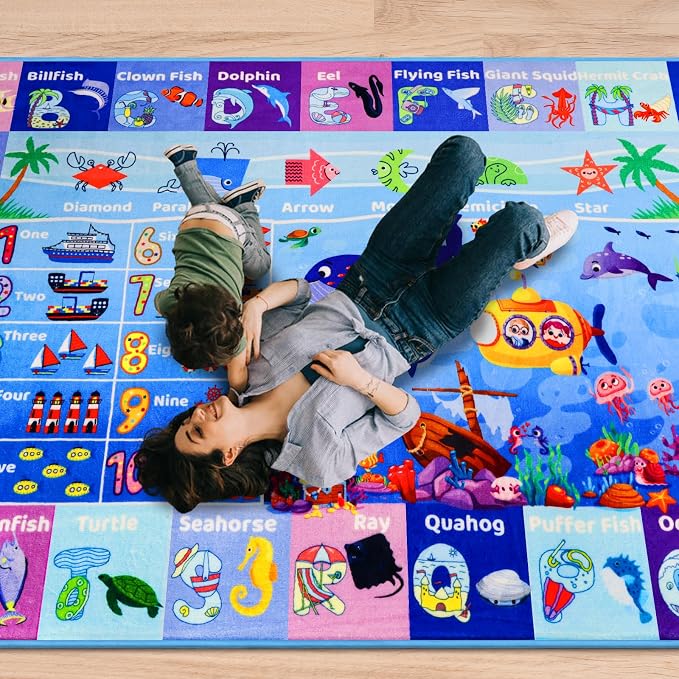 Large Interactive Ocean World Learning Rug with ABC, Sea Animals, Numbers & Shapes for & Preschoolers, Washable Non-Slip Carpet for Playroom, Nursery & Homeschool, 5'"×6'7"