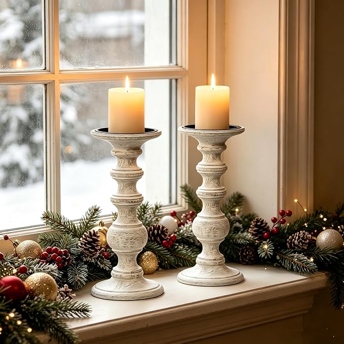 Hosley Set of 2 Antique White Wood Pillar Candle Holders 9 Inch - Wedding Centerpiece Home Decor, Spa Aromatherapy, Events, Gifts