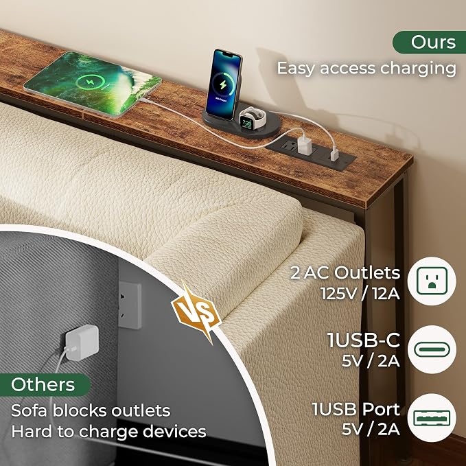 SUPERJARE 94.5 inch Narrow Console Table with Outlet, Sofa Tables, Behind Couch Table, Long Entryway Tables with Charging Station, for Living Room, Rustic Brown