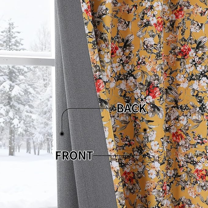 Estelar Textiler Mustard Yellow Velvet Blackout Curtains 90 inches Long 2 Panels for Bedroom, Luxury Vintage Floral Pattern Thermal Insulated Room Darkening Grommet Drapes for Living Room, 52Wx90L