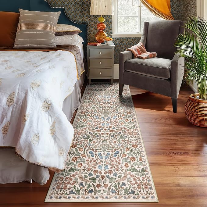 2x6 Machine Washable Runner Rug, Kitchen Hallway Area Rug Beige Vintage Boho Floral Non-Slip Low Pile Soft Faux Wool Carpet Kids and Pets Friendly for Bedroom Entryway Nursery Home Decor Rug
