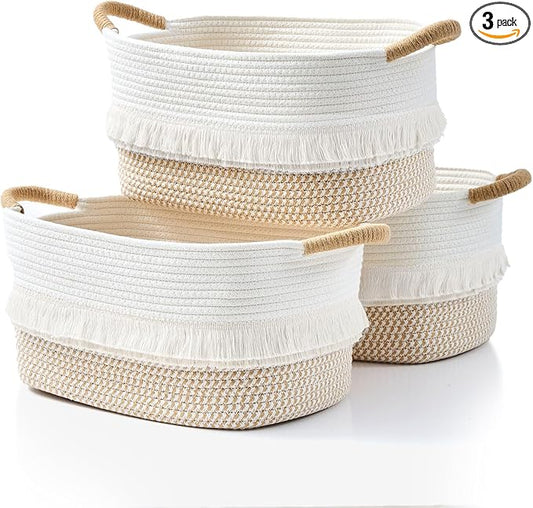 Woven Baskets, 3-Pack Storage Basket for Living Room, Bedroom, Nursery, Stylish Gift Basket with Handles, Cotton Rope Basket for Toys and Shelves, Multi-Purpose Organizer (White/Brown)