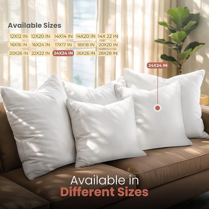 Utopia Bedding 24x24 Pillow Inserts, Set of 2, White – Indoor Decorative Throw Pillows for Bed, Sofa & Couch – Soft, Supportive & Fluffy Cushion Inserts