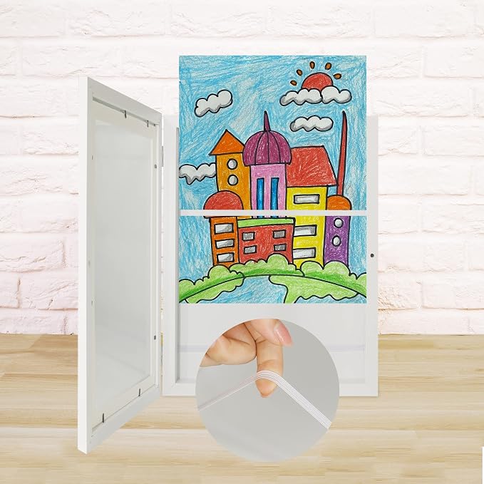 iRahmen Kids Art Frames 9x12 Set of 2 - Front Opening Childrens Picture Frame Changeable, Wood Artwork Display Storage for Wall Mount, Magnetic Door Holds 50 Art Pieces for Drawings, 3D Picture, Crafts, Portfolio, White