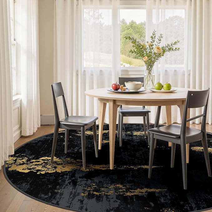 RELEANY Washable Area Rugs 8ft Non-Slip Modern Abstract Soft for Living Room Entryway Bedroom Kitchen, Print Pattern, Dark Black Gold