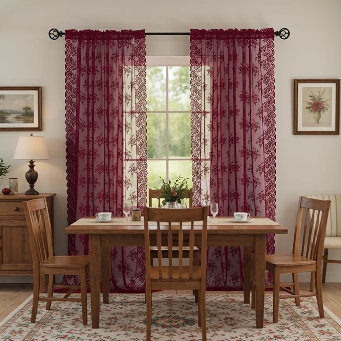 Kotile Burgundy Sheer Curtains 84 Inches Long 2 Panels Cottagecore Floral Maroon Lace Curtains for Living Room, Rod Pocket Light Filtering & Privacy Vintage Sheer Window Curtain 7FT, W52 x L84 Inch