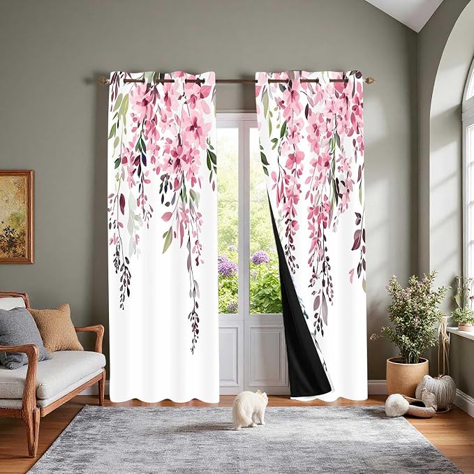 Pink Watercolor Floral Curtains, Botanical Leaves Vine Flowers Curtain, Rustic Farmhouse Flower Leaf Blackout Window Treatment Drapes for Bedroom Living Room 52x96 inch, 2 Panels