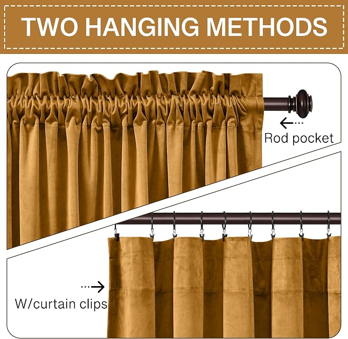 StangH Gold Velvet Curtains 84 inches Long Room Darkening Window Treatment Noise Reducing Privacy Room Divider Drapes for Bedroom/Office, Mustard Gold, W52 x L84, 2 Panels