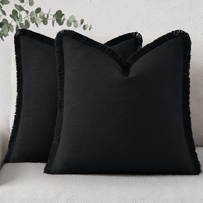 decorUhome Linen Fringe Euro Sham Throw Pillow Covers Set of 2 Decorative Black Pillow Covers with Tassels Soft Accent Boho Farmhouse Pillow Cases for Couch Bed Sofa 26x26 Inch
