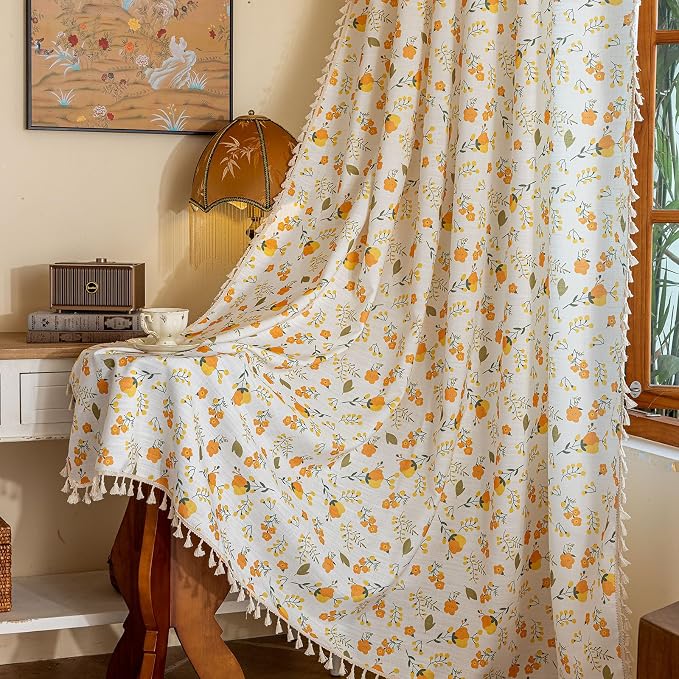 OYX Floral Boho Curtains 2 Panels Short 63 Inch Curtains Patterned Semi Sheer Living Room Drapes Farmhouse Boho Window Curtain Panels with Tassel Beige Rod Pocket Bedroom Drapes