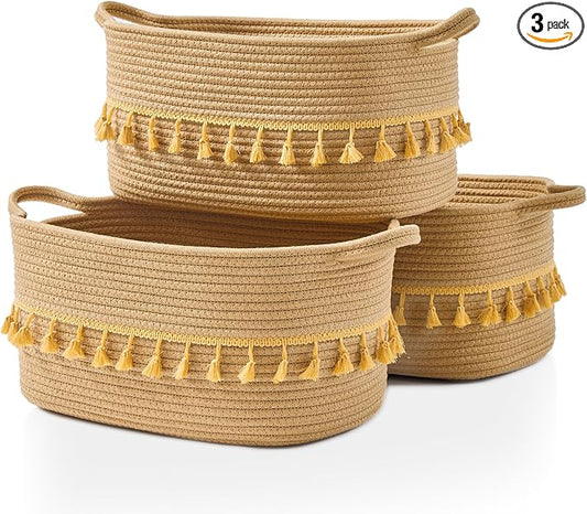 Woven Baskets, 3-Pack Storage Basket for Living Room, Bedroom, Nursery, Stylish Gift Basket with Handles, Cotton Rope Basket for Toys and Shelves, Multi-Purpose Organizer, Brown