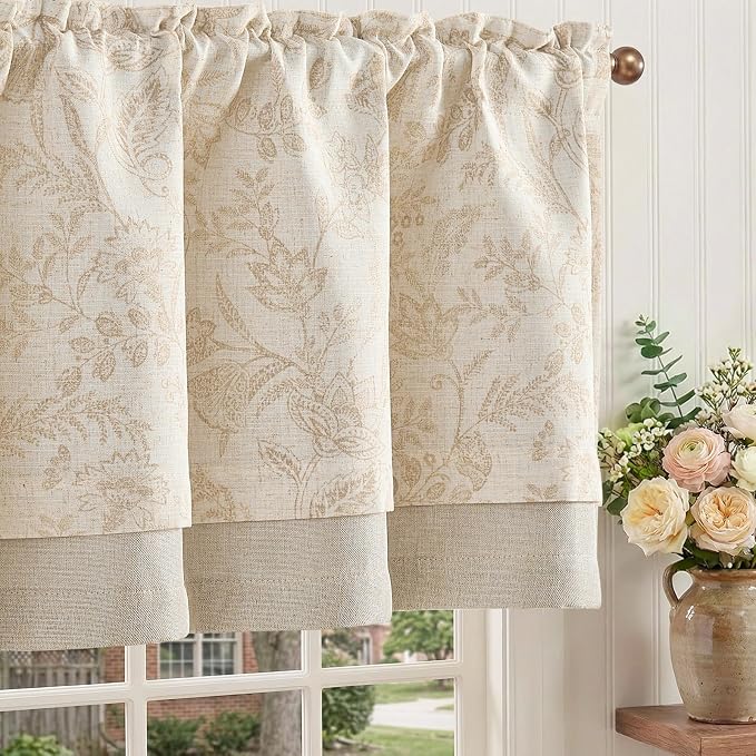 jinchan Linen Valance Curtain Farmhouse Floral Printed Small Window Curtain for Kitchen Rustic Light Filtering Valance for Living Room Bedroom Bathroom 18 Inch Rod Pocket 1 Panel Taupe on Beige