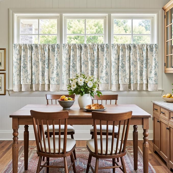 jinchan Linen Kitchen Curtain 24 Inch French Floral Double Layer Curtain Farmhouse Tier Drape Rustic Half Window Treatment for Living Room Light Filtering Rod Pocket 1 Panel Blue on Beige