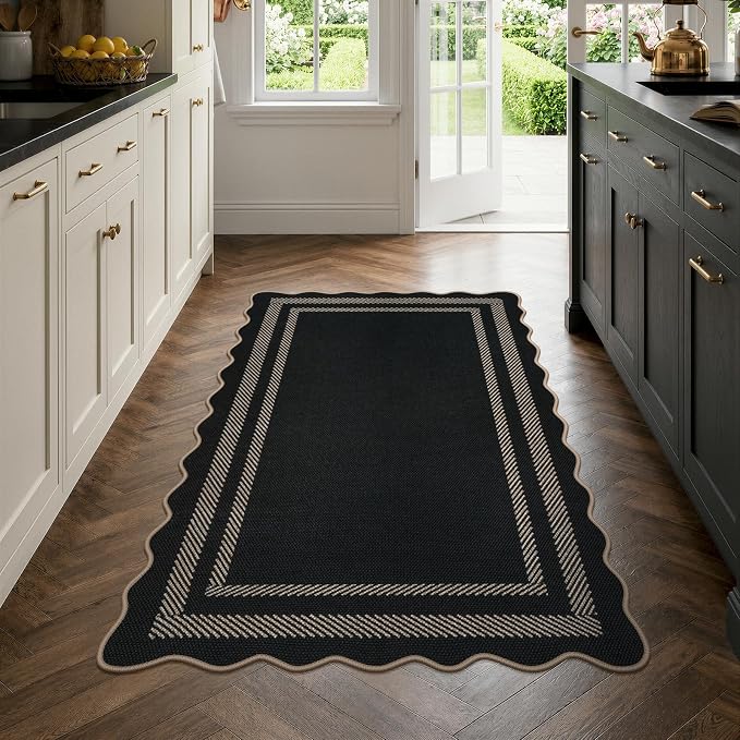 LIVEBOX Scalloped Easy Jute 3x5 Outdoor Rug, Black Washable Rugs for Entryway Kitchen, Indoor Outdoor Farmhouse Neutral Rug Modern Carpet Door Mat Area Rug for Patio Bedroom Living Room Porch Entry
