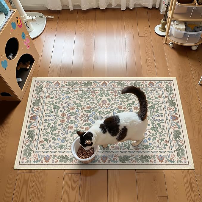 2x3 Washable Area Rug Floral Beige Entryway Small Rug Vintage Forest Low Pile Non Slip Stain Resistance Soft Carpet for Kitchen, Bedroom Beside, Laundry Room, Office Rug, Kids Room, Nursery Room
