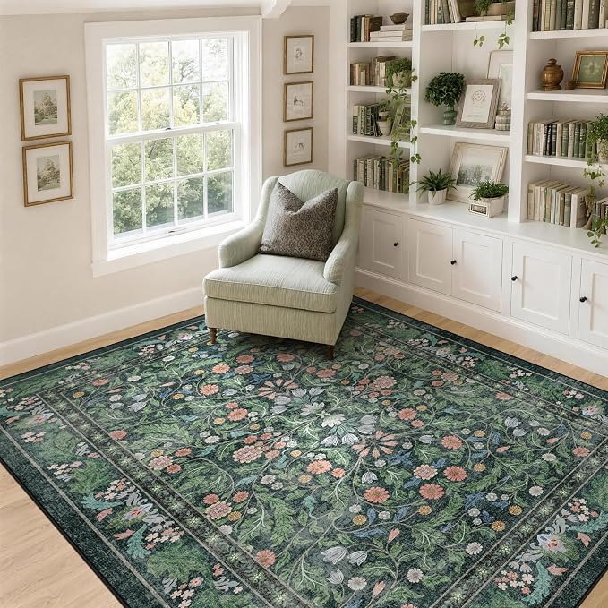 Floral 8x10 Area Rugs for Living Room, Machine Washable Vintage Rug Boho Low Pile Carpets Non Slip Soft Carpet for Farmhouse Bedroom Office Rugs, Kids Room, Nursery Room, Playroom, Green