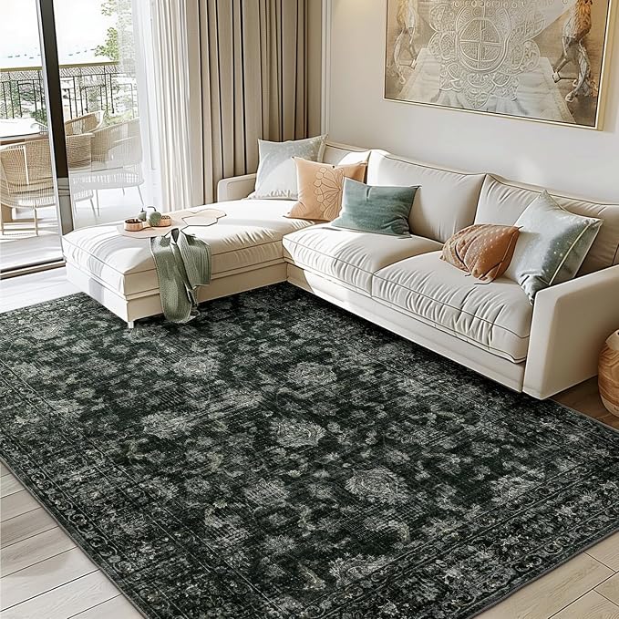 FROZZUR Boho Green Area Rug 6x9 Large Vintage Rug for Living Room Bedroom Dining Table, Non Slip Distressed Washable Rugs for Home Office Christmas Decor Green