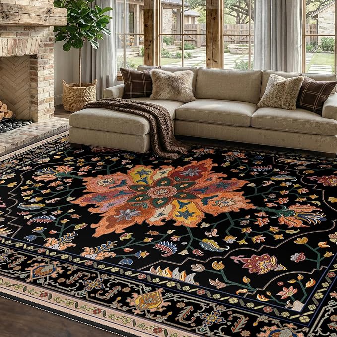 RELEANY Area Rugs 7'x9' Washable Non-Slip, Floral Vintage Distress Medallion Carpet for Living Room Bedroom Dining Room, Black Colorful Floral Dark Tan