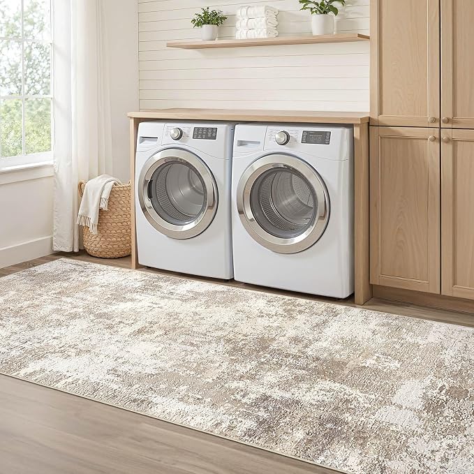 Runner Rug Kitchen Washable Rugs: 2x10 Non-Slip Abstract Soft Modern Stain Resistant Indoor Floor Neutral Accent Throw Carpet for Hallway Bathroom Laundry Room Entryway Bedroom- Beige Brown