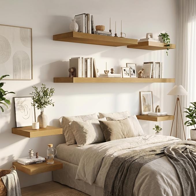 Vivelove 12 Inch Deep Floating Shelves 36 inch Long, 2 Inch Thick Wall Shelves with Invisible Brackets, Shelf for Bedroom Bathroom Living Room Kitchen Office Home Decor, Modern Shelf Set of 2, Oak