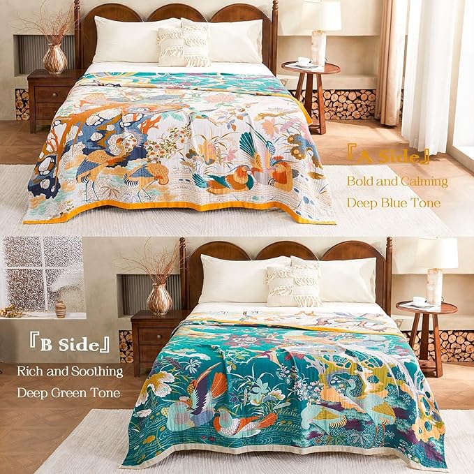 XIBLC Fall Throw Blanket for Couch, Yellow Boho Decorative Throw Blanket, 100% Cotton Muslin Breathable Woven Farmhouse Blankets Quilt, 50"x60" Reversible Lightweight Blankets Bohemian Throw Quilt