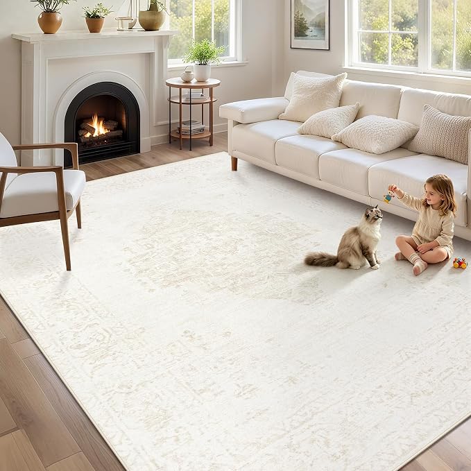 6x9 Area Rugs for Living Room: Washable Vintage Large Retro Rug Soft Non-Slip Indoor Low Pile Carpet for Bedroom Dining Room Nursery Office (Beige, 6' x 9')